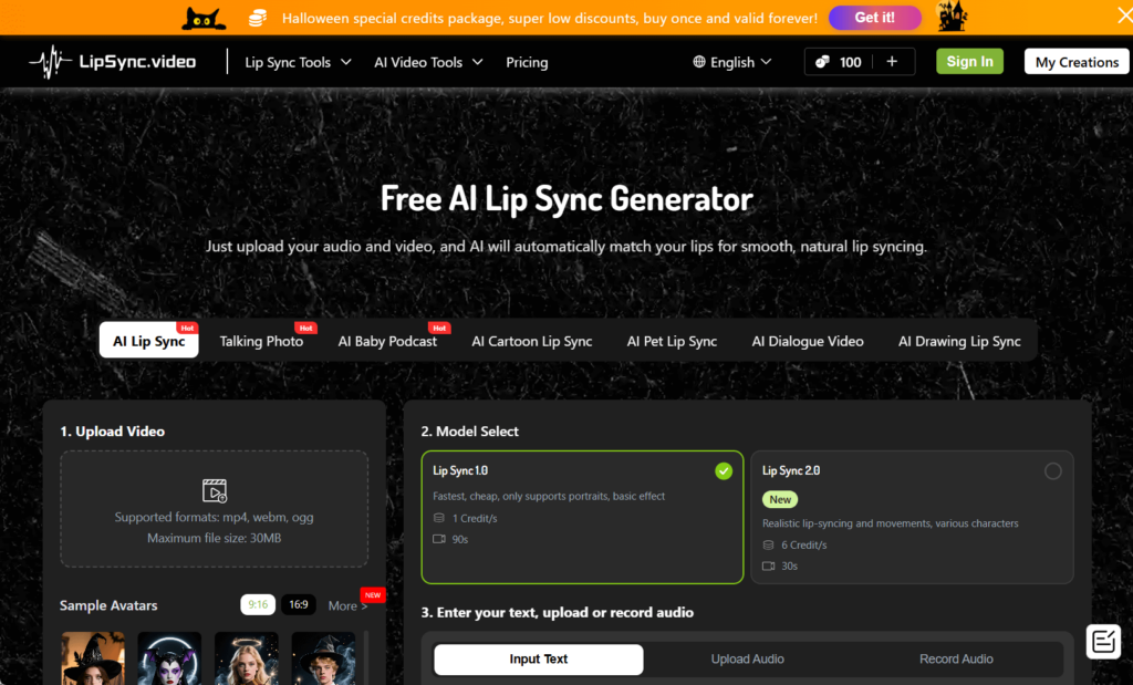 lip sunc page in LipSync.video